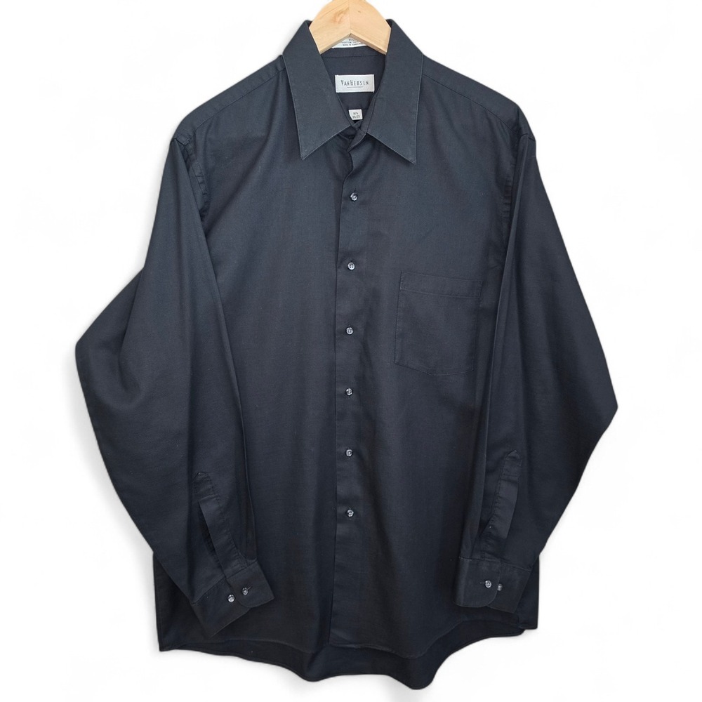 Van Heusen Dress Shirt Mens 16.5 34/35 Black Button Pique Cotton Blend Career